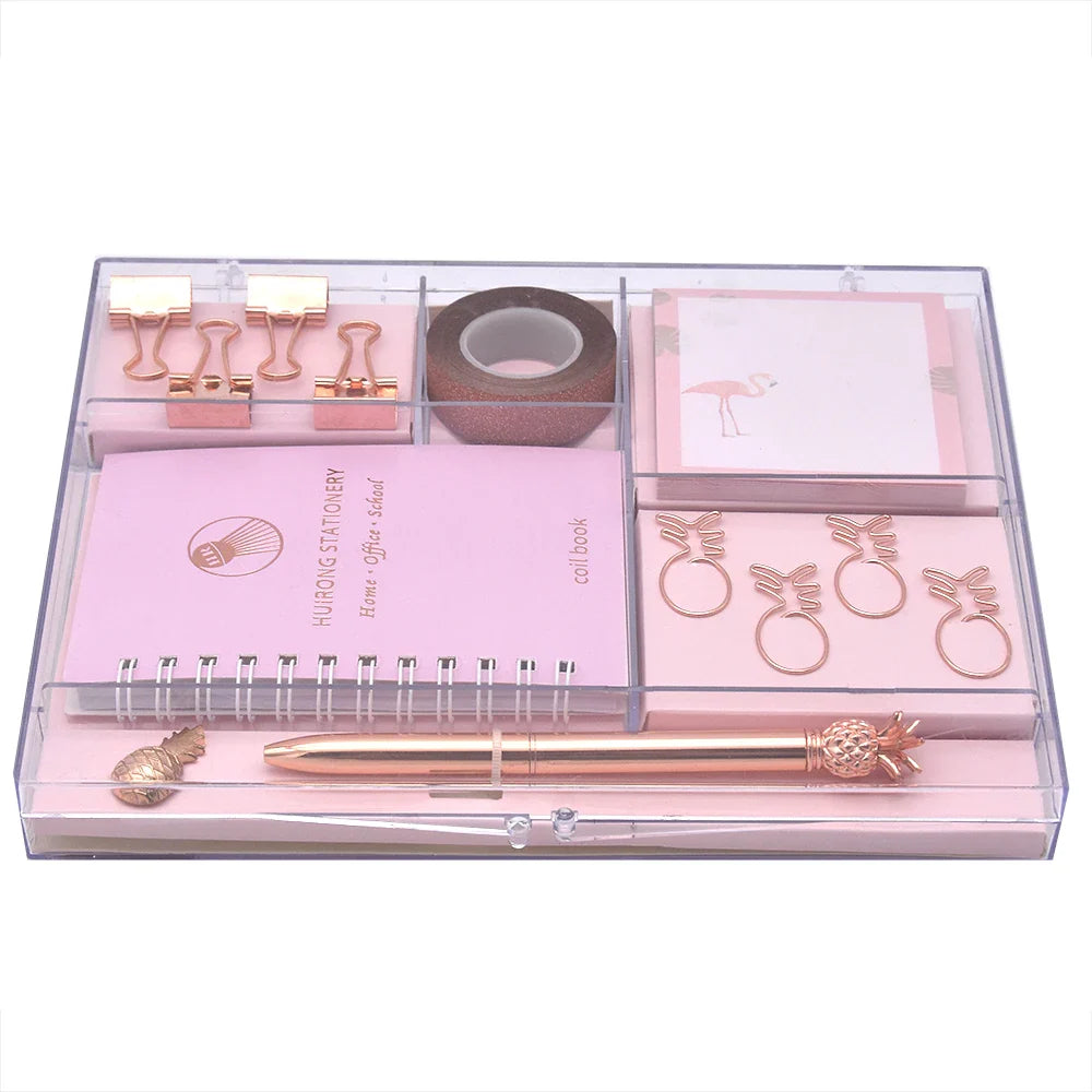 HKM-349011 Kids Stationery Set with Binder Clips, Notepad, Tape, and Paper Clips in Pink and Blue