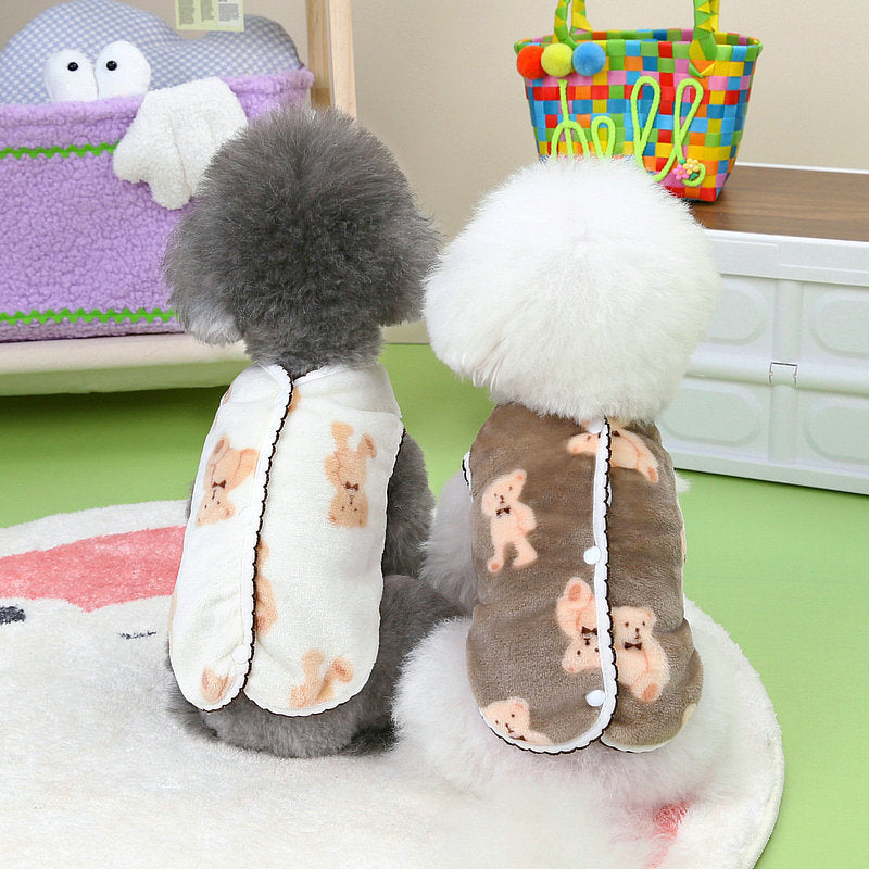 HKM-3490493 Crescent Bear Warm Fluffy Vest for Dogs ¨C Cozy Teddy Style Pet Clothing in Beige and Black Coffee