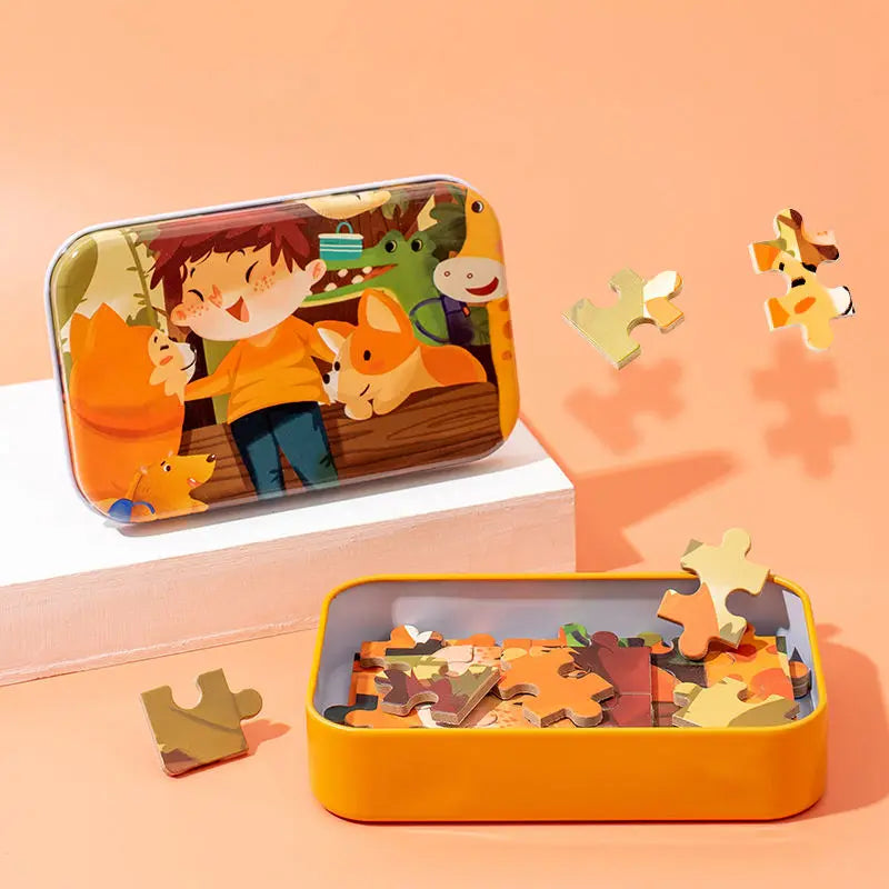 HKM-349331 60-Piece Educational Dinosaur Jigsaw Puzzle for Kids - Iron Box Wooden Puzzle Toys