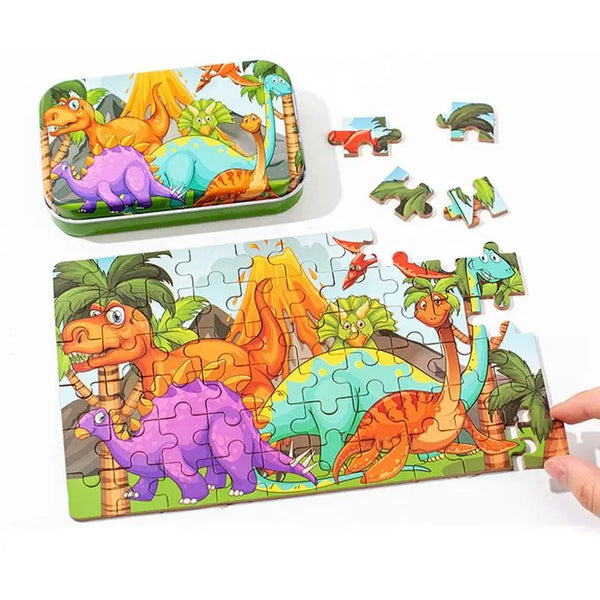 HKM-349331 60-Piece Educational Dinosaur Jigsaw Puzzle for Kids - Iron Box Wooden Puzzle Toys