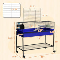 HKM-3493565 Two-Story Small Animal Cage with Removable Stand, Wheels, and Integrated Shelf - 39" x 20.5" x 36.5" - Blue