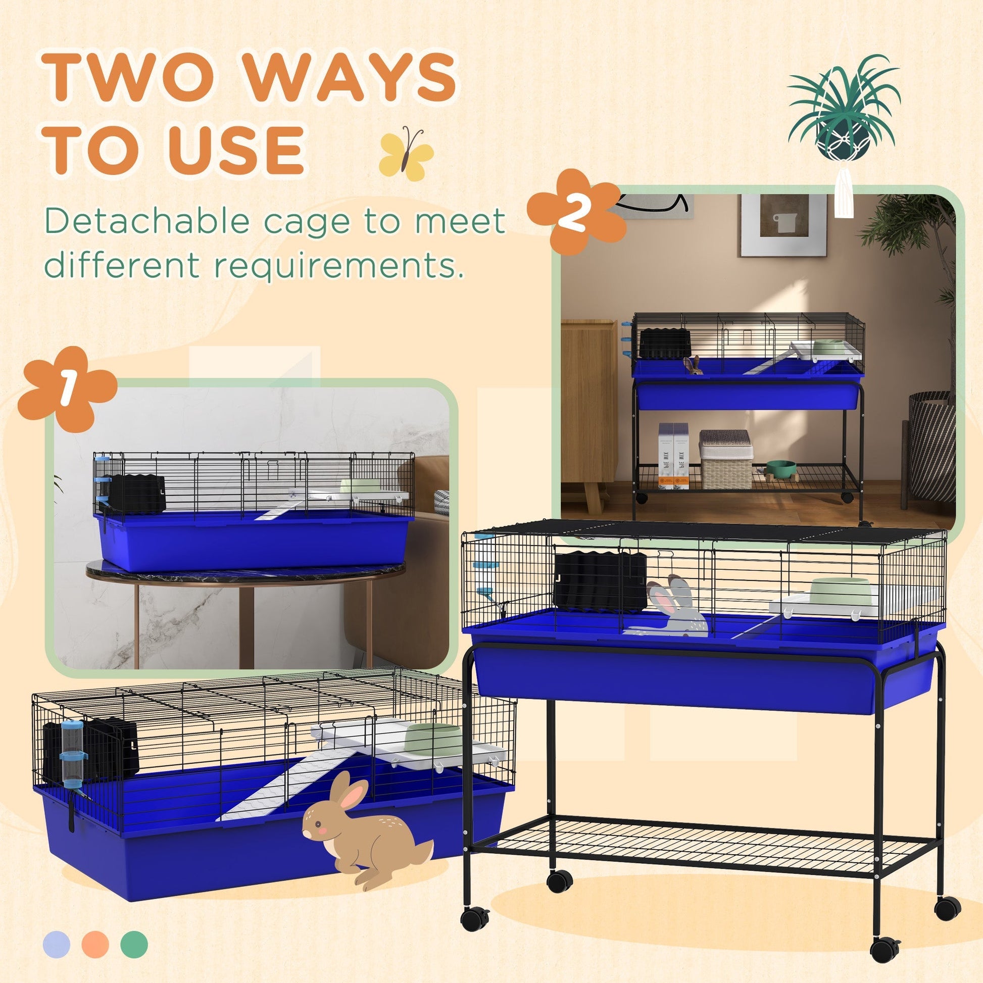 HKM-3493565 Two-Story Small Animal Cage with Removable Stand, Wheels, and Integrated Shelf - 39" x 20.5" x 36.5" - Blue