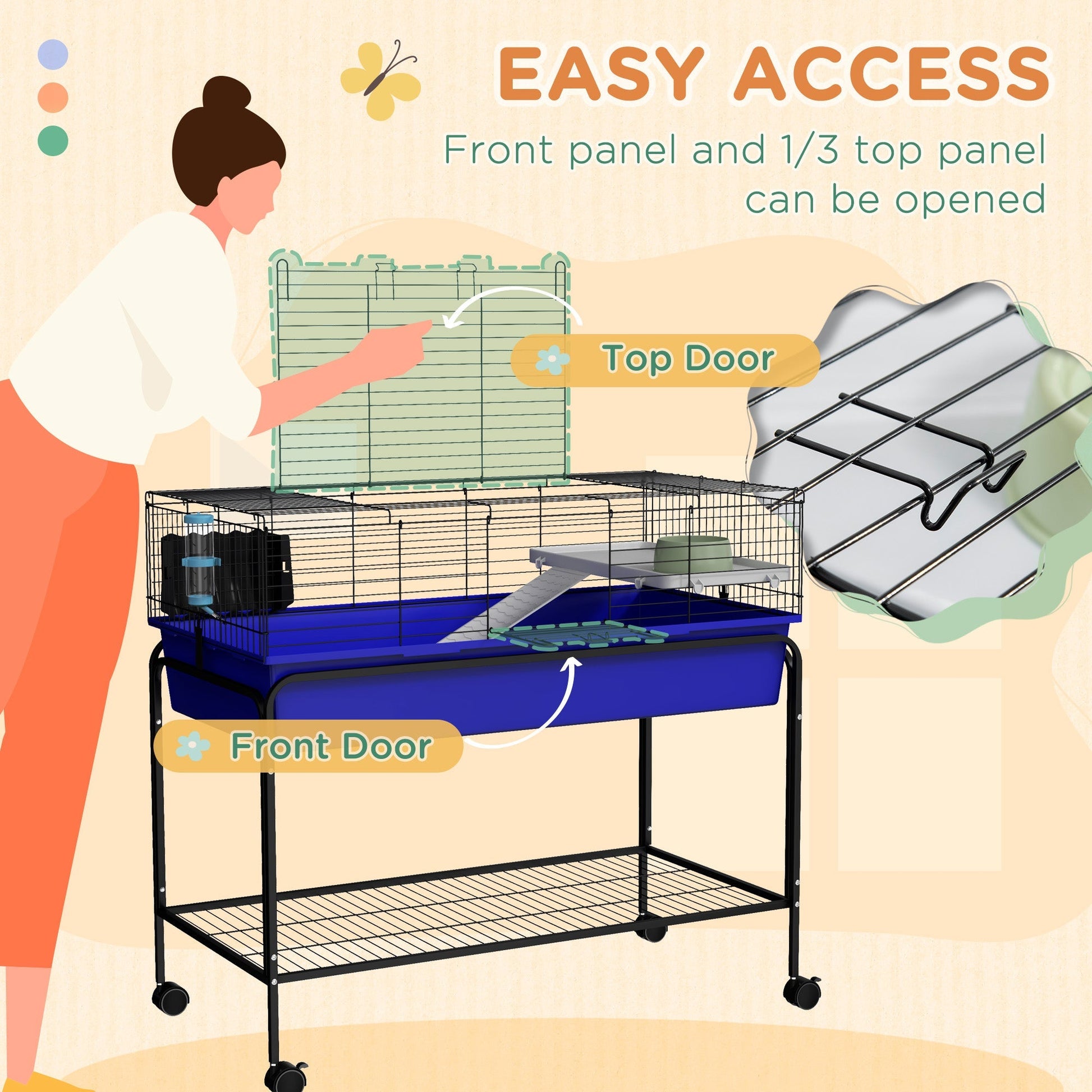 HKM-3493565 Two-Story Small Animal Cage with Removable Stand, Wheels, and Integrated Shelf - 39" x 20.5" x 36.5" - Blue
