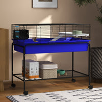 HKM-3493565 Two-Story Small Animal Cage with Removable Stand, Wheels, and Integrated Shelf - 39" x 20.5" x 36.5" - Blue