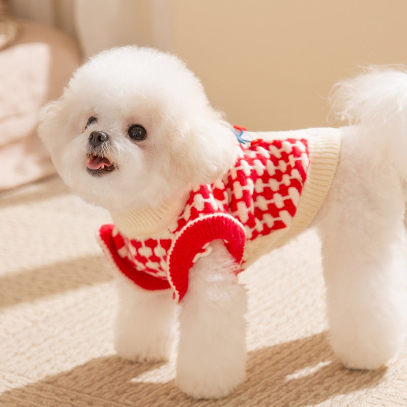 HKM-3494461 Charming Red Knitted Sweater for Small Dogs with Cute Cherry Accent and Flutter Sleeves