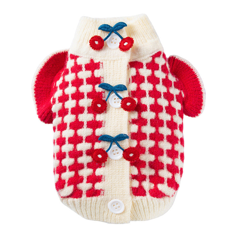 HKM-3494461 Charming Red Knitted Sweater for Small Dogs with Cute Cherry Accent and Flutter Sleeves