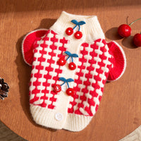 HKM-3494461 Charming Red Knitted Sweater for Small Dogs with Cute Cherry Accent and Flutter Sleeves