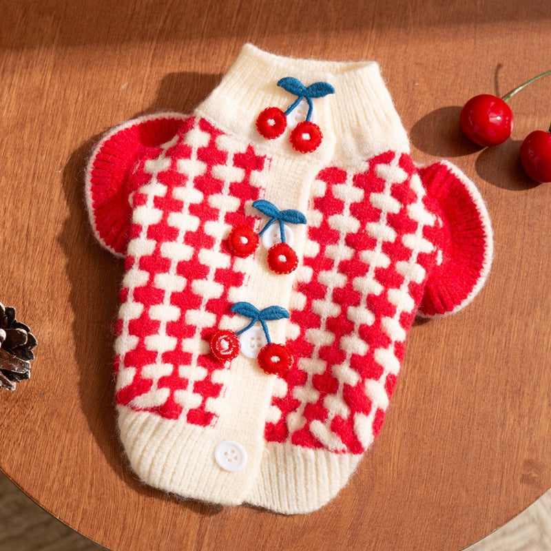 HKM-3494461 Charming Red Knitted Sweater for Small Dogs with Cute Cherry Accent and Flutter Sleeves