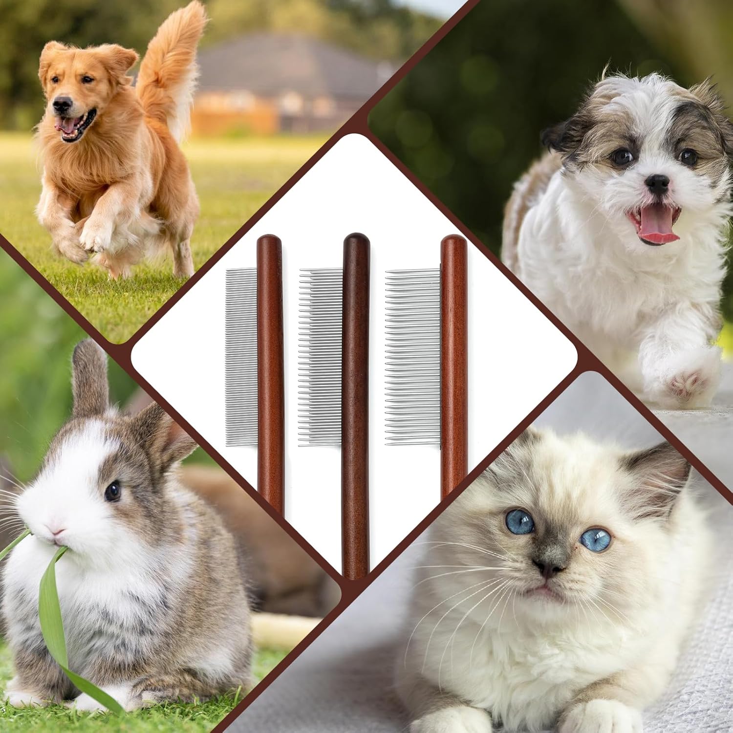 HKM-3497149 Wooden Handle Pet Comb for Grooming Long & Short Haired Dogs, Cats, and Small Pets