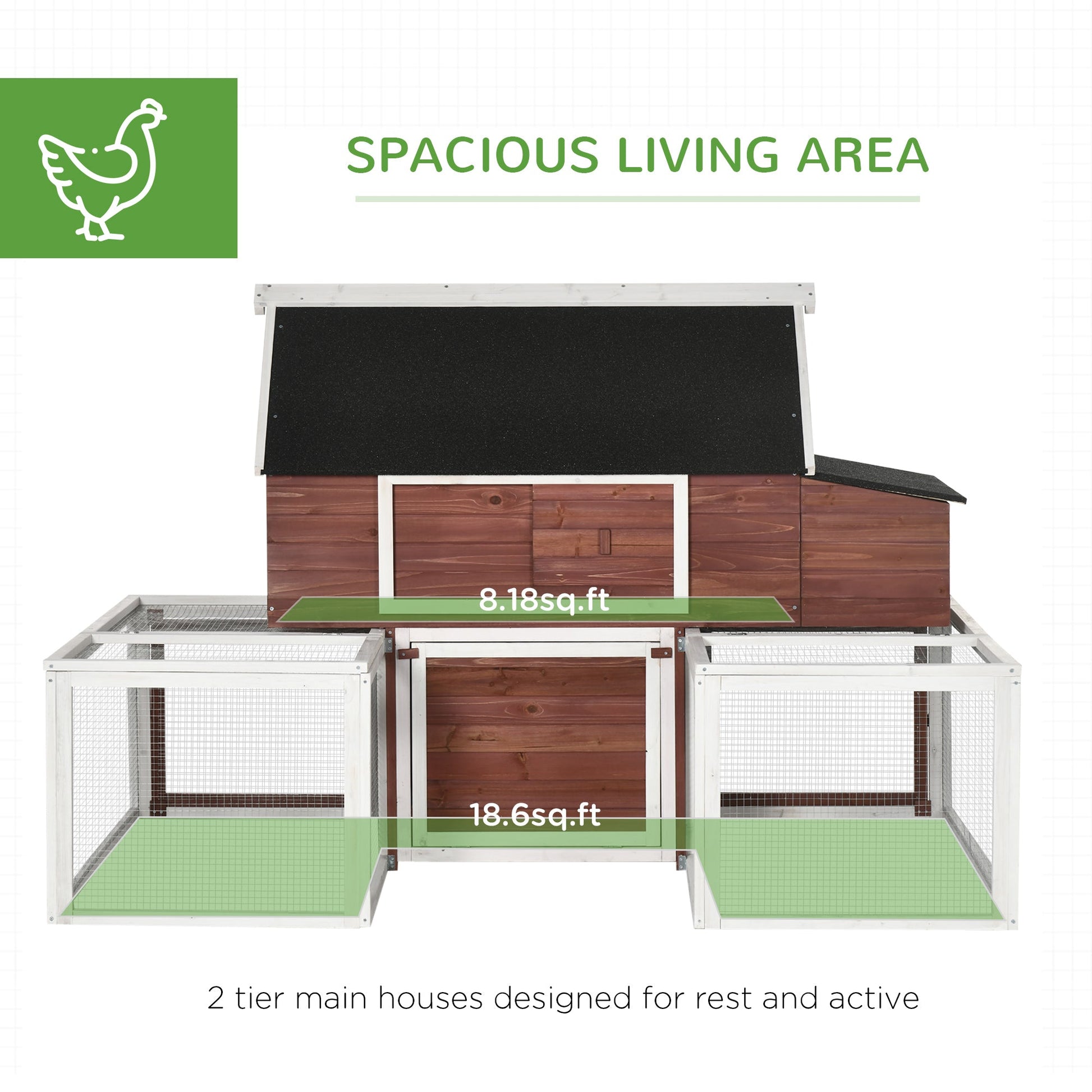 HKM-3499325 Spacious Wooden Chicken Coop with Nesting Box and Double Runs, Durable Fir Wood Construction