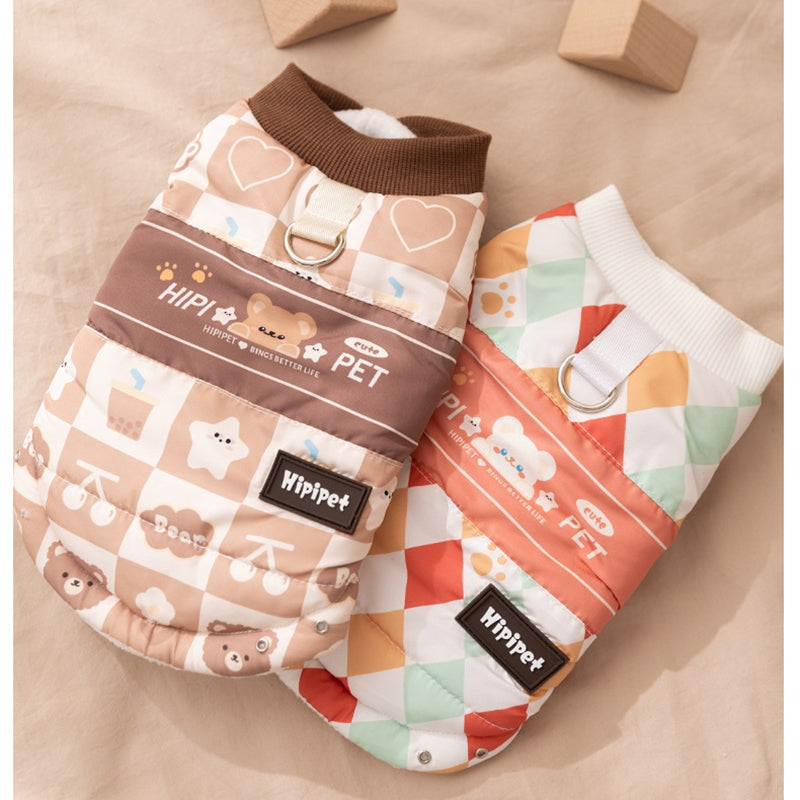 HKM-3500221 Cozy Quilted Two-Legged Pet Vest for Cats and Dogs - Retro Prints for Autumn and Winter