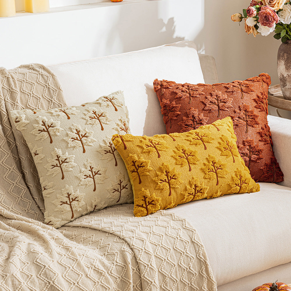 HKM-350099 Solid Color Three-Dimensional Embroidered Maple Leaf Pillowcase - Beige, Turmeric, Sugar Brown, 45x45cm, 50x50cm, 30x50cm