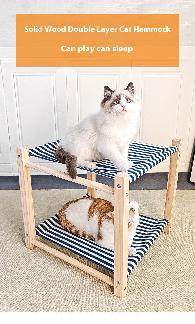 HKM-3503037 Double Layer Cat Hammock Pet Bed - Removable and Washable Solid Wood Design in Classic Gray and Navy Blue