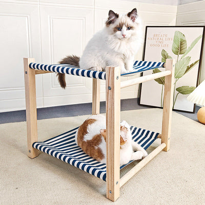 HKM-3503037 Double Layer Cat Hammock Pet Bed - Removable and Washable Solid Wood Design in Classic Gray and Navy Blue
