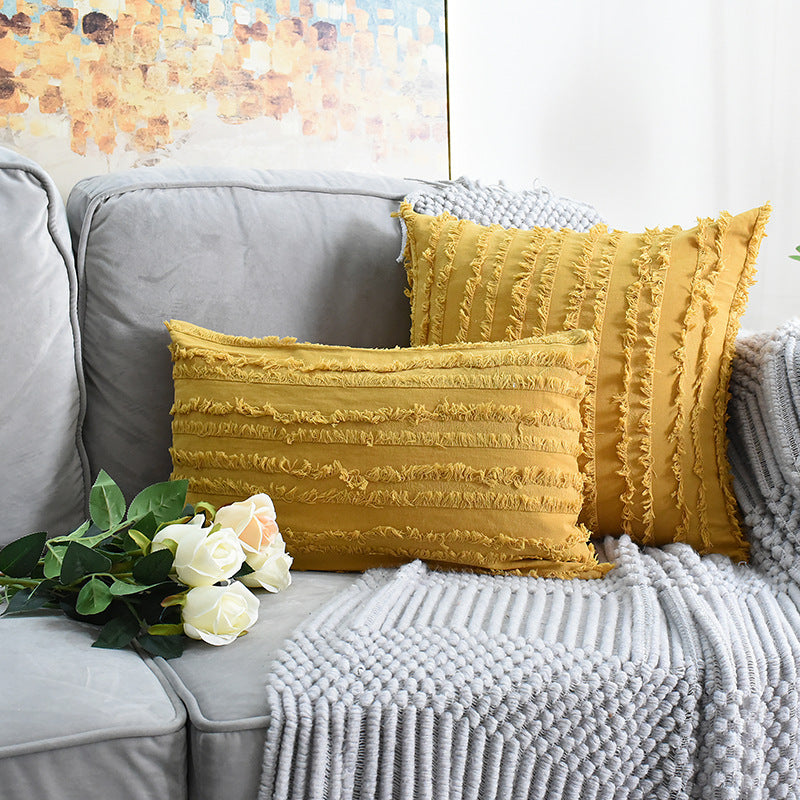 HKM-350419 Fringed Cotton-Linen Floral Sofa Pillowcases - Multiple Colors Available, 45x45 cm