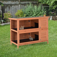 HKM-3505085 2-Story Wooden Rabbit Hutch with Lockable Doors and Waterproof Roof for Indoor/Outdoor Small Animals