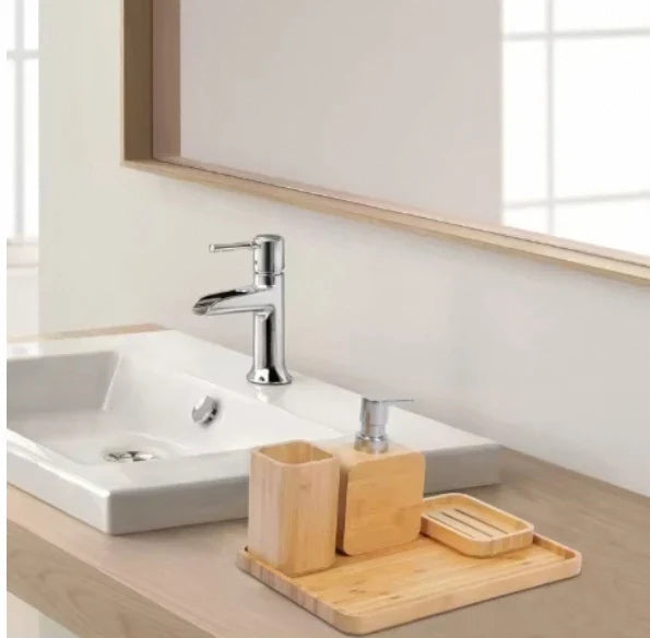 HKM-350611 Bamboo Bathroom Accessories Set with Shower Soap Dish and Mouthwash Cup for Home or Hotel Use