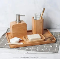 HKM-350611 Bamboo Bathroom Accessories Set with Shower Soap Dish and Mouthwash Cup for Home or Hotel Use