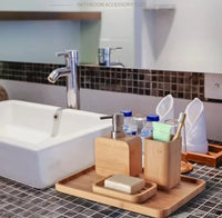 HKM-350611 Bamboo Bathroom Accessories Set with Shower Soap Dish and Mouthwash Cup for Home or Hotel Use
