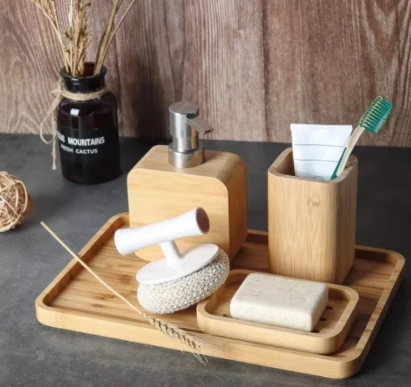 HKM-350611 Bamboo Bathroom Accessories Set with Shower Soap Dish and Mouthwash Cup for Home or Hotel Use