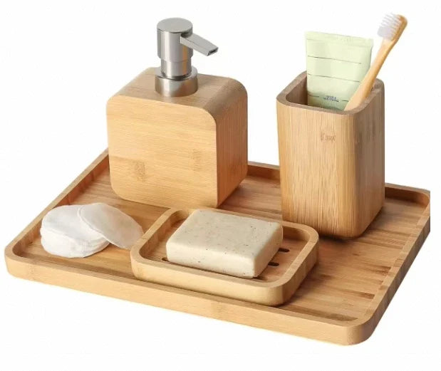 HKM-350611 Bamboo Bathroom Accessories Set with Shower Soap Dish and Mouthwash Cup for Home or Hotel Use