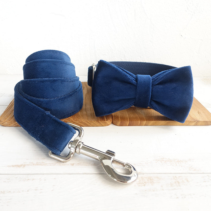 HKM-3509181 Dark Blue Velvet Pet Collar with Traction Chain for Dogs - Adjustable Size Options