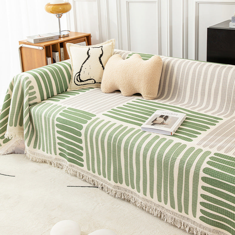 HKM-350995 Striped Cotton Sofa Towel Anti-Cat Scratch Protector Blanket for All Season Use