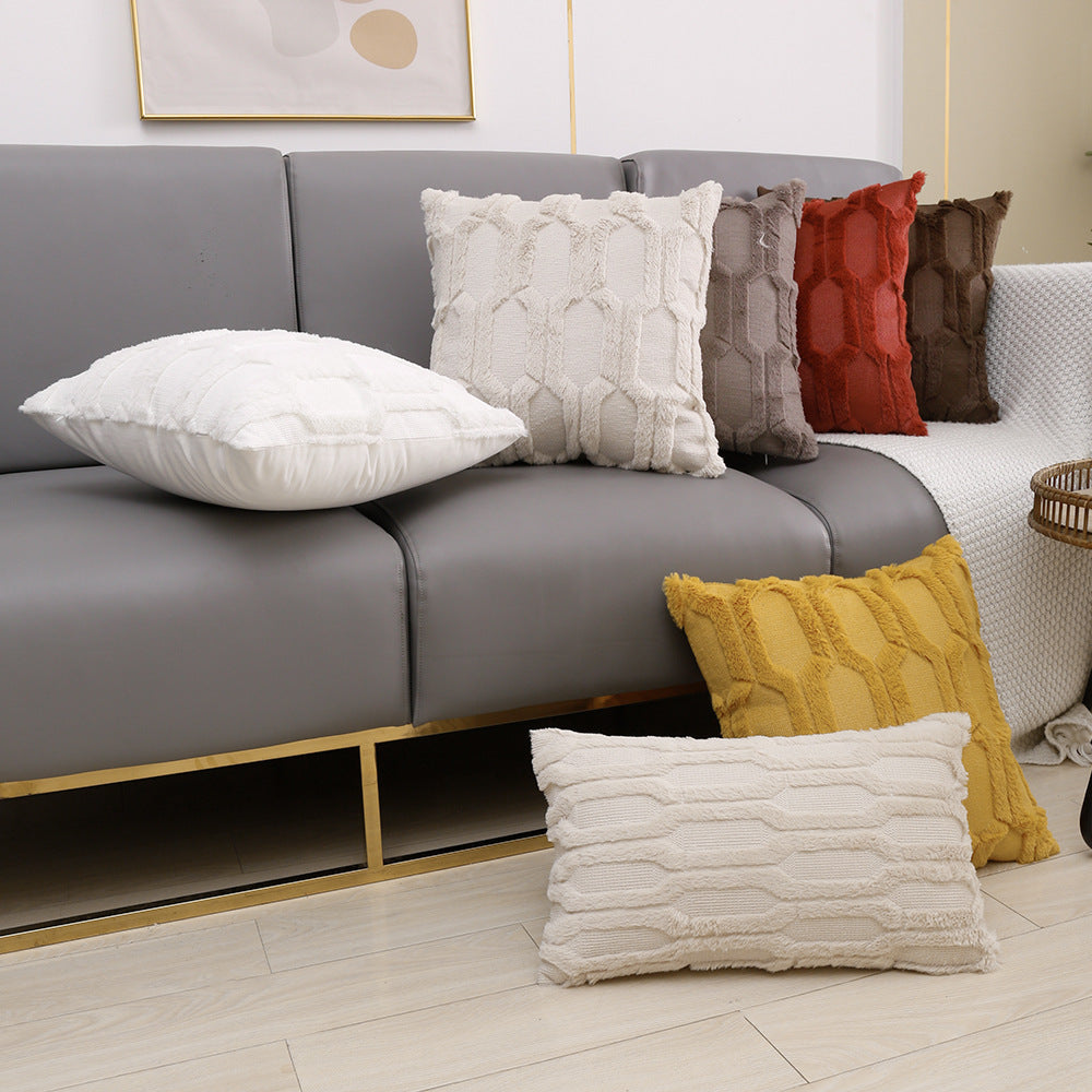HKM-351315 Plush Embroidered Lumbar Pillow Cover in Various Colors - Modern Home Cushion