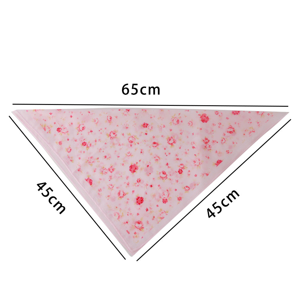 HKM-3514557 Cotton Triangle Scarf with Rose Flower Design - Pink & Beige, Adjustable Neck Size 24-46CM