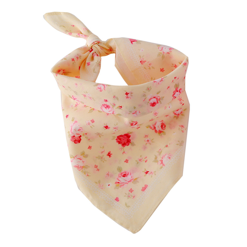 HKM-3514557 Cotton Triangle Scarf with Rose Flower Design - Pink & Beige, Adjustable Neck Size 24-46CM