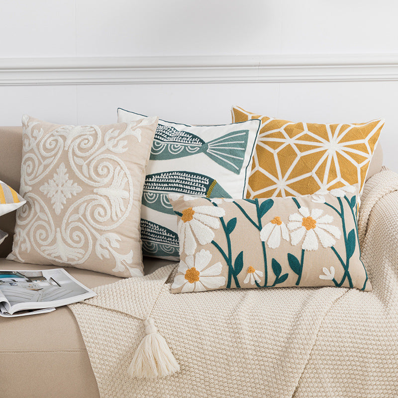 HKM-351571 Nordic Cotton Canvas Flower and Leaf Embroidered Pillowcase for Living Room and Bedroom