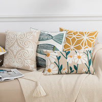 HKM-351571 Nordic Cotton Canvas Flower and Leaf Embroidered Pillowcase for Living Room and Bedroom