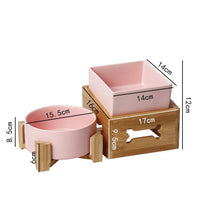 HKM-3517117 Double Ceramic Dog Food Bowl with Wooden Base ¨C 900 ml Capacity for Enhanced Feeding Comfort