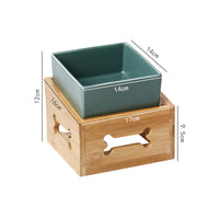 HKM-3517117 Double Ceramic Dog Food Bowl with Wooden Base ¨C 900 ml Capacity for Enhanced Feeding Comfort