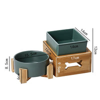 HKM-3517117 Double Ceramic Dog Food Bowl with Wooden Base ¨C 900 ml Capacity for Enhanced Feeding Comfort