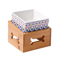HKM-3517117 Double Ceramic Dog Food Bowl with Wooden Base ¨C 900 ml Capacity for Enhanced Feeding Comfort
