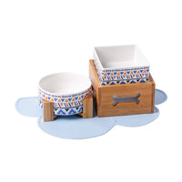 HKM-3517117 Double Ceramic Dog Food Bowl with Wooden Base ¨C 900 ml Capacity for Enhanced Feeding Comfort