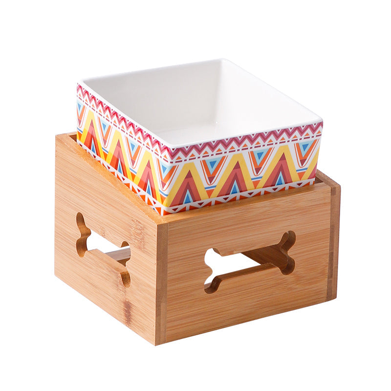 HKM-3517117 Double Ceramic Dog Food Bowl with Wooden Base ¨C 900 ml Capacity for Enhanced Feeding Comfort
