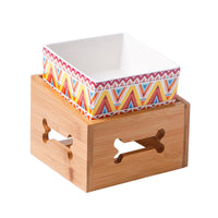 HKM-3517117 Double Ceramic Dog Food Bowl with Wooden Base ¨C 900 ml Capacity for Enhanced Feeding Comfort