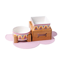 HKM-3517117 Double Ceramic Dog Food Bowl with Wooden Base ¨C 900 ml Capacity for Enhanced Feeding Comfort