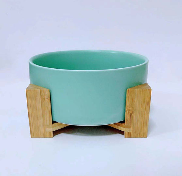 HKM-3517117 Double Ceramic Dog Food Bowl with Wooden Base ¨C 900 ml Capacity for Enhanced Feeding Comfort