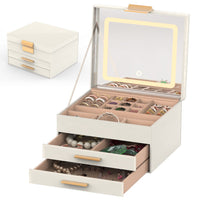 HKM-351763 3 Layer PU Leather Jewelry Box with LED Touch Mirror and Dimmable Light for Earrings, Rings, Necklaces, and Bracelets
