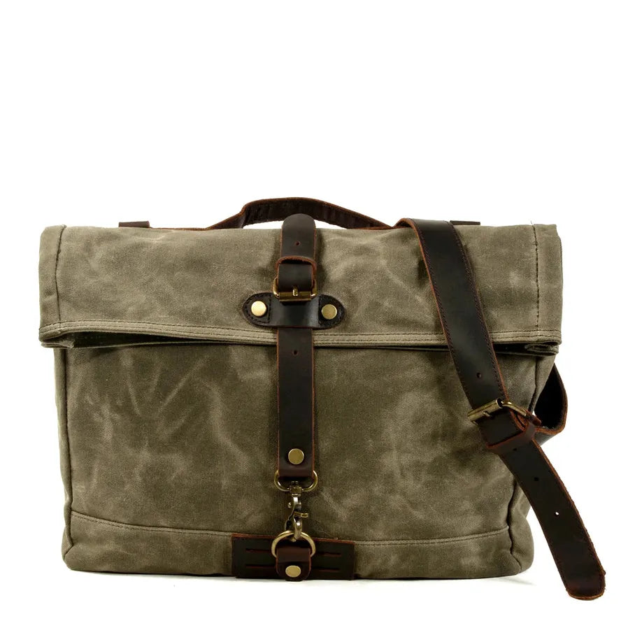HKM-352211 Vintage Waxed Canvas Messenger Cross Body Shoulder Bag 6060, Durable Canvas with Cowhide Accents, Ideal for Travel and Daily Use