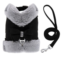 HKM-3524157 Adjustable Bow Tie Dog Harness and Leash Set with Soft Padding and Removable Fur Collar for Small Dogs