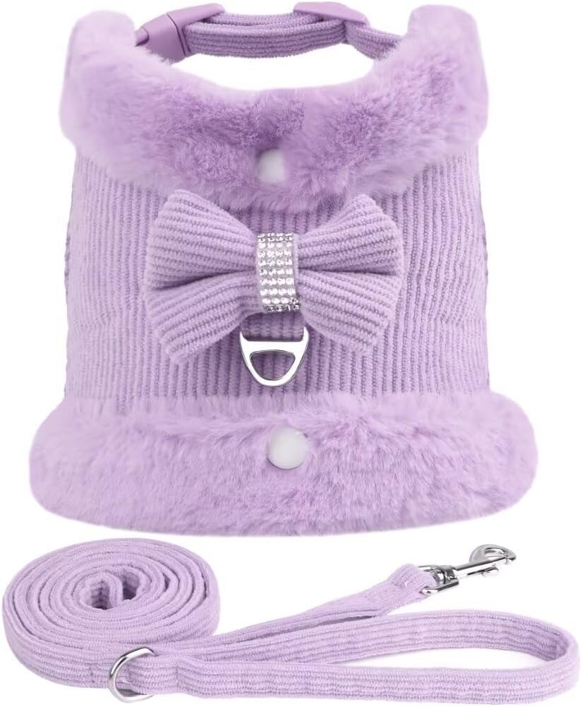 HKM-3524157 Adjustable Bow Tie Dog Harness and Leash Set with Soft Padding and Removable Fur Collar for Small Dogs