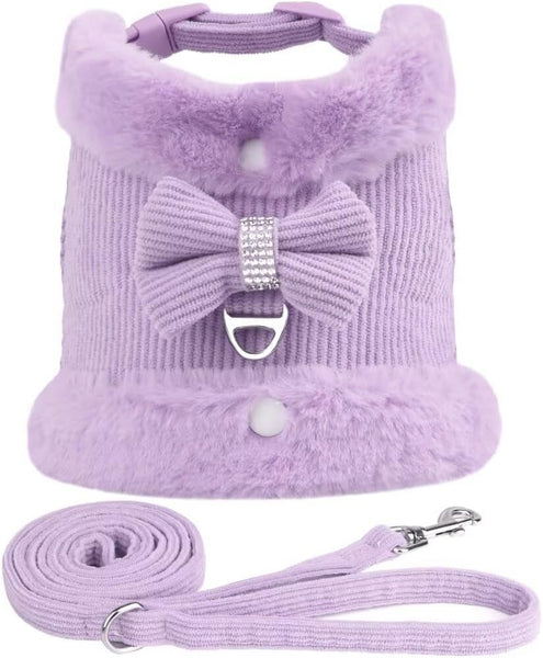 HKM-3524157 Adjustable Bow Tie Dog Harness and Leash Set with Soft Padding and Removable Fur Collar for Small Dogs
