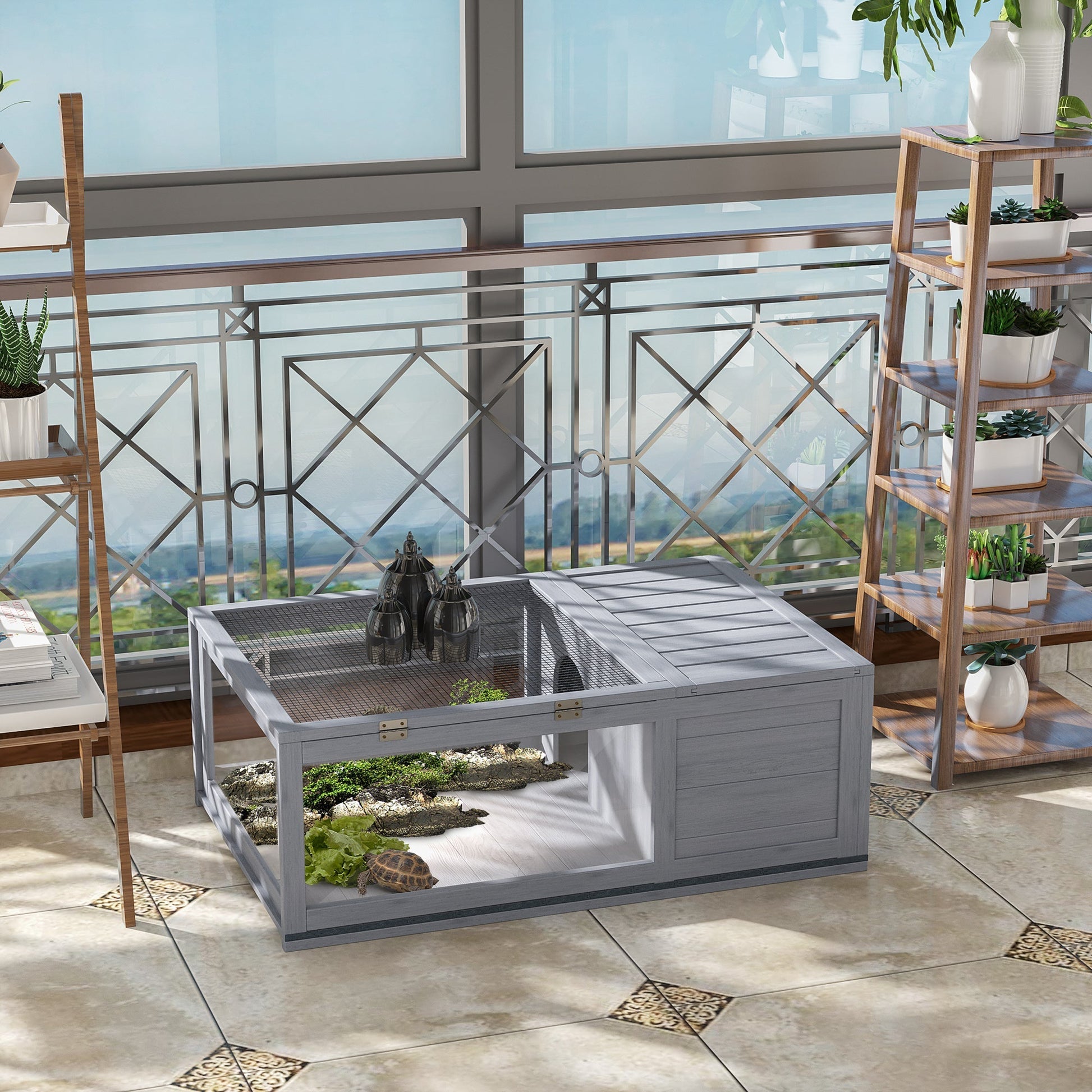 HKM-3526333 3-Window Reptile Cage with Slide-Out Tray for Turtles and Small Animals