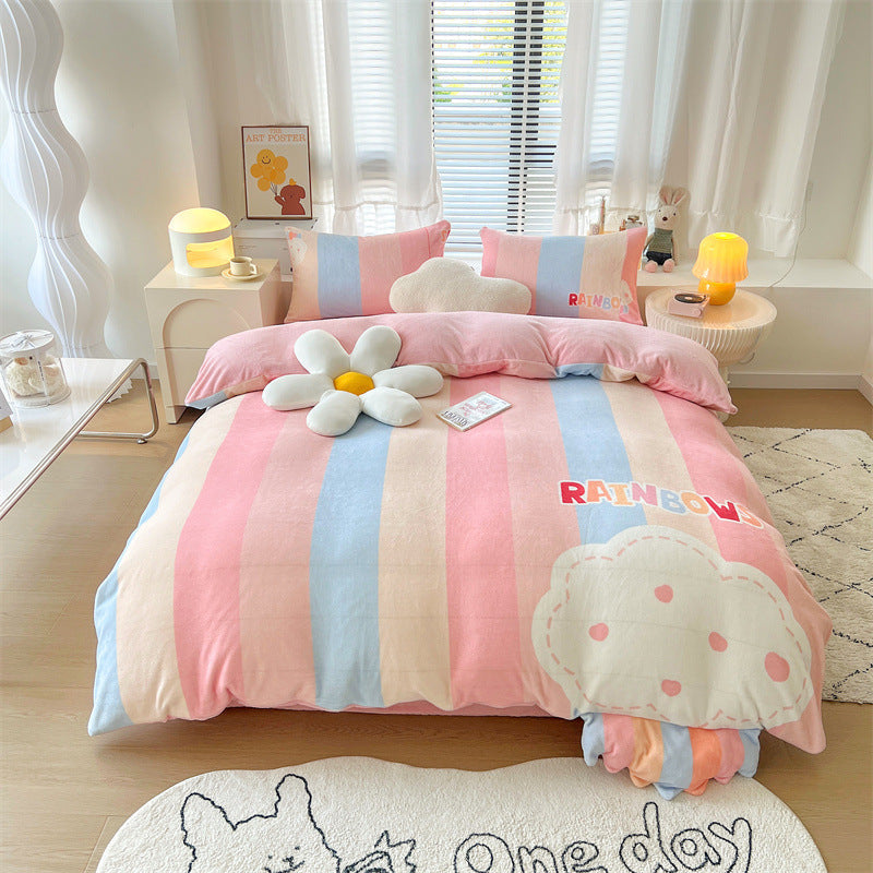 HKM-352659 Cartoon Thickened Milk Velvet 4-Piece Bedding Set in Vibrant Patterns
