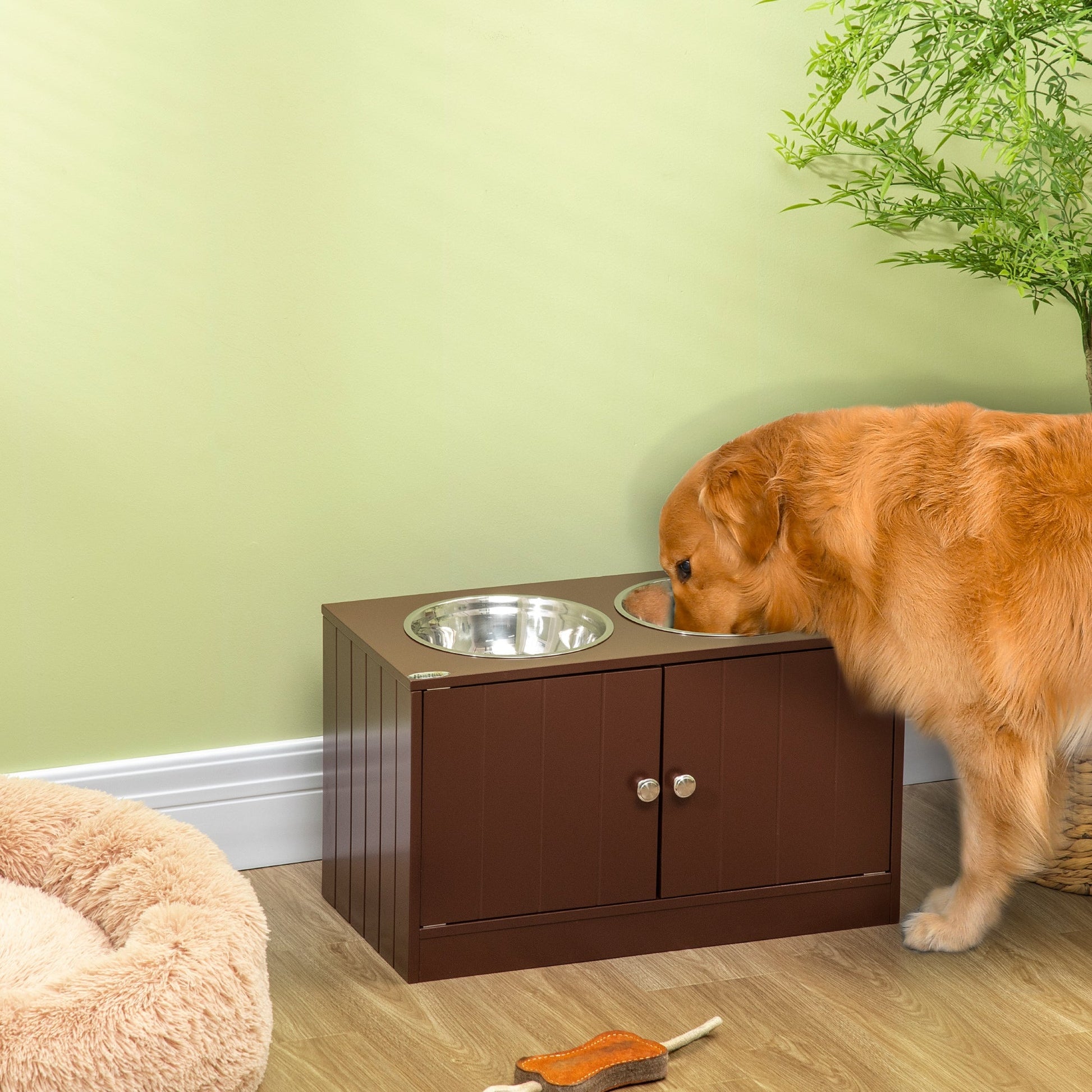 HKM-3528637 Raised Dog Bowl Stand with Storage Cabinet for Large Dogs - Brown MDF and Stainless Steel Feeding Station