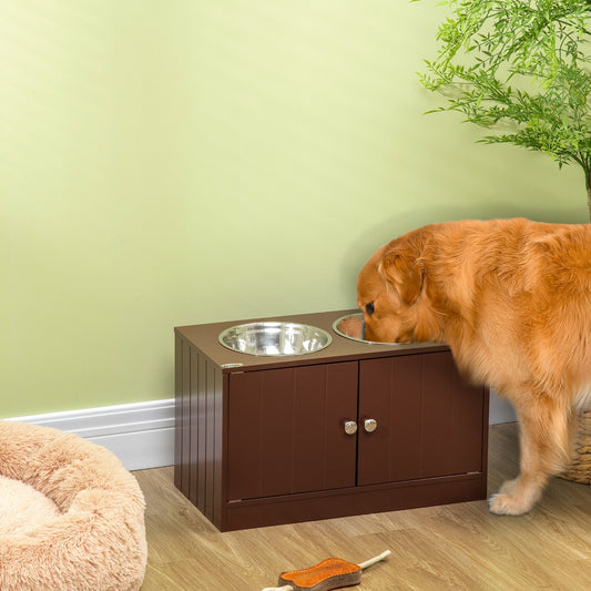 HKM-3528637 Raised Dog Bowl Stand with Storage Cabinet for Large Dogs - Brown MDF and Stainless Steel Feeding Station